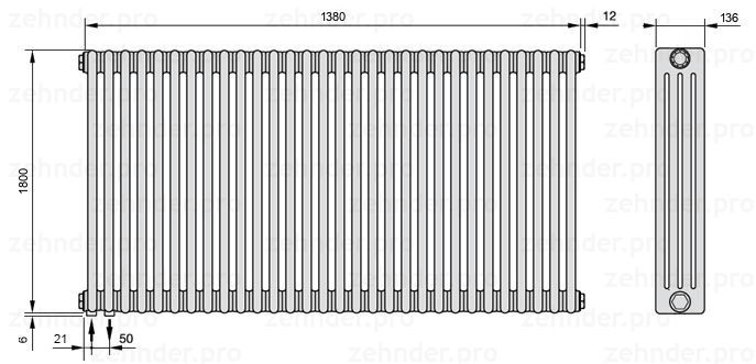 Схема (чертеж) Радиатор Zehnder Charleston 4180/30 №3370 Белый глянцевый RAL 9016